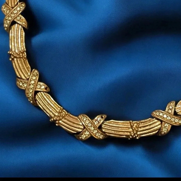 Vintage Rhinestone X Gold Tone Bar Link Collar Necklace - Picture 6 of 12